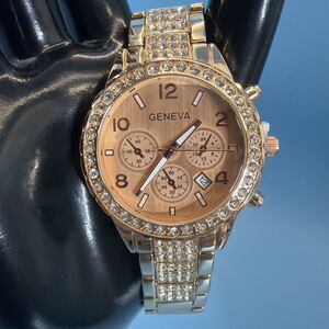 Geneva Rhinestone Fashion Rose Gold Stainless Steel Watch NEW